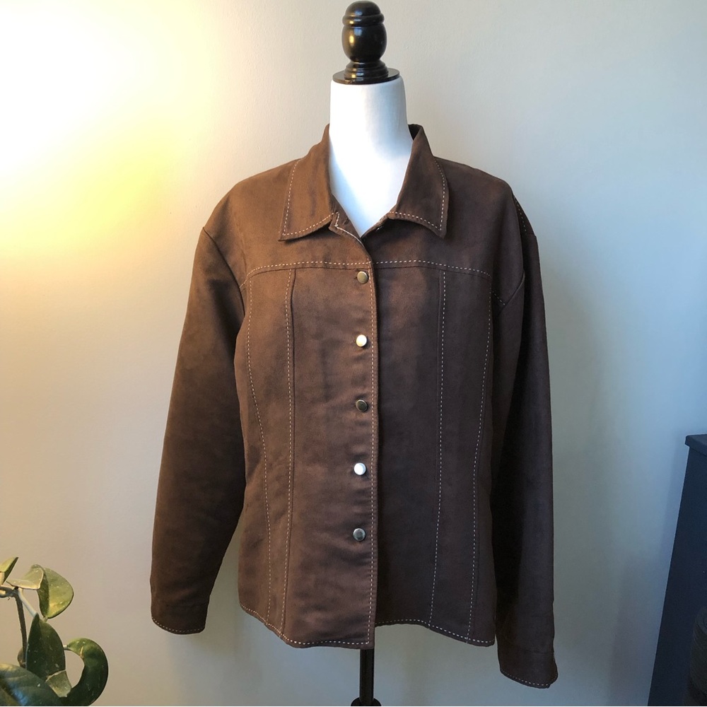 Brown Suede Jacket XL fully lined button up, creme stitching, machine washable.